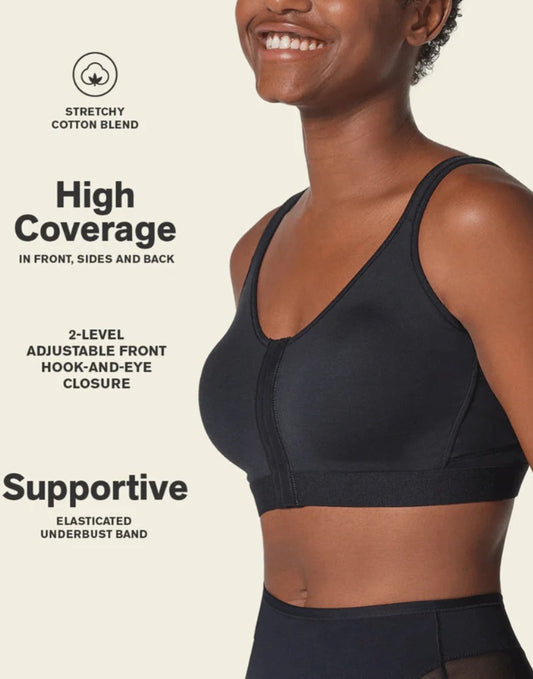 LEONISA NEW! Stretch Cotton Posture Correcter Wireless Bra With Removeable Pads-All-in-one-Black